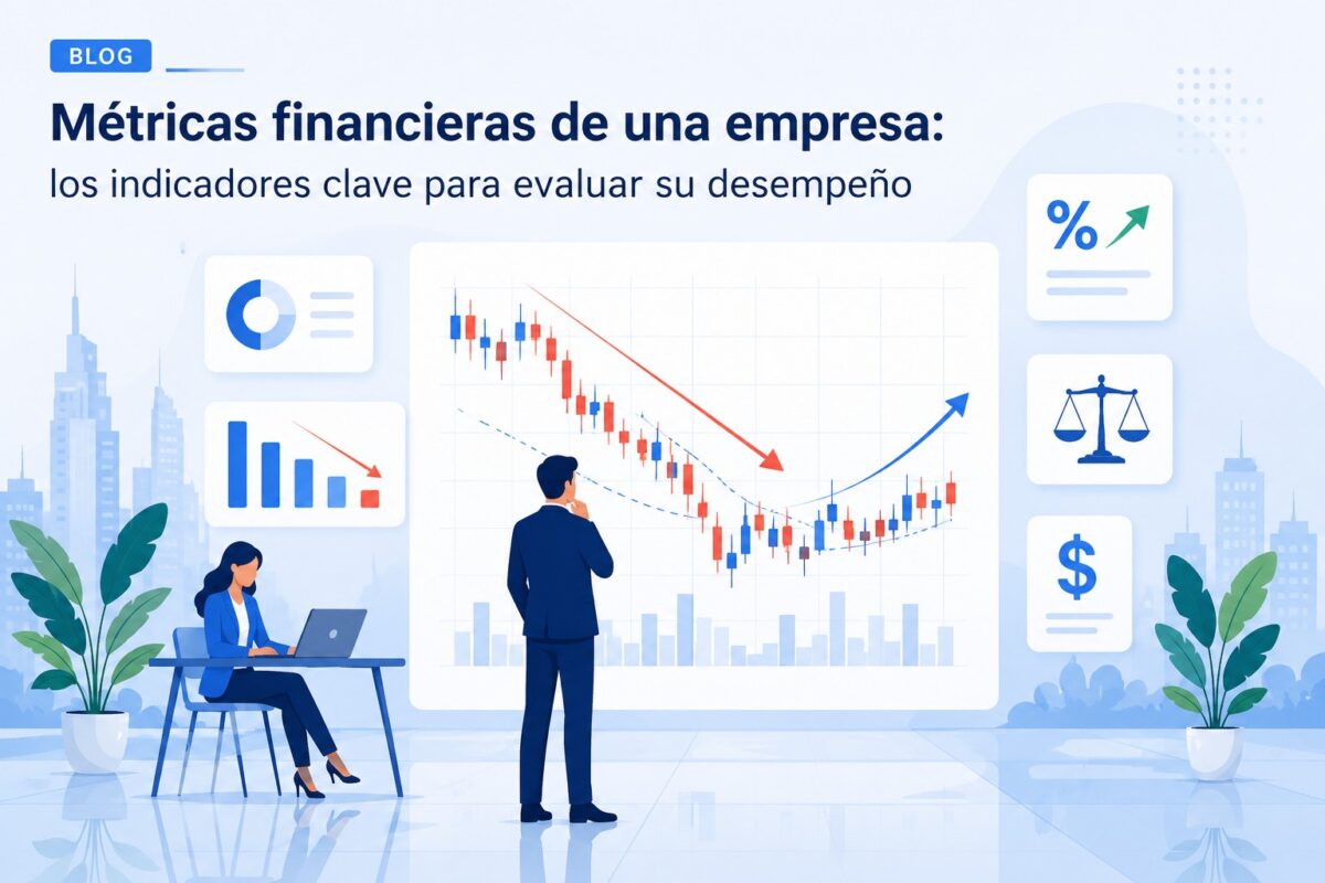 Ilustración de métricas financieras de una empresa con indicadores de desempeño, gráficos de crecimiento, análisis financiero y evaluación empresarial.