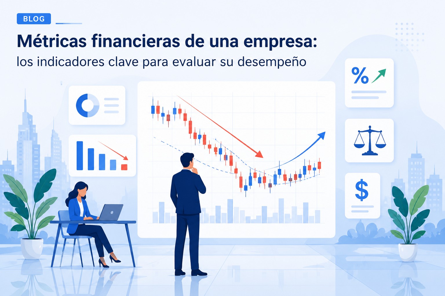 Ilustración de métricas financieras de una empresa con indicadores de desempeño, gráficos de crecimiento, análisis financiero y evaluación empresarial.