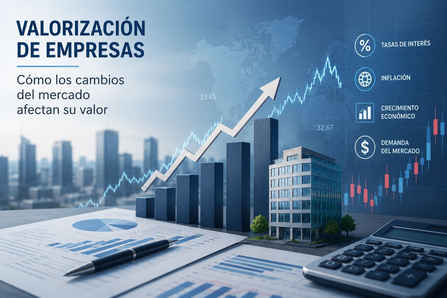 Ilustración vectorial sobre valorización de empresas con gráficos financieros que muestran cambios del mercado y análisis del valor empresarial.